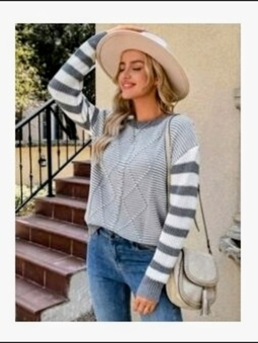 NWOT Gray Knit Sweater with Striped Sleeves